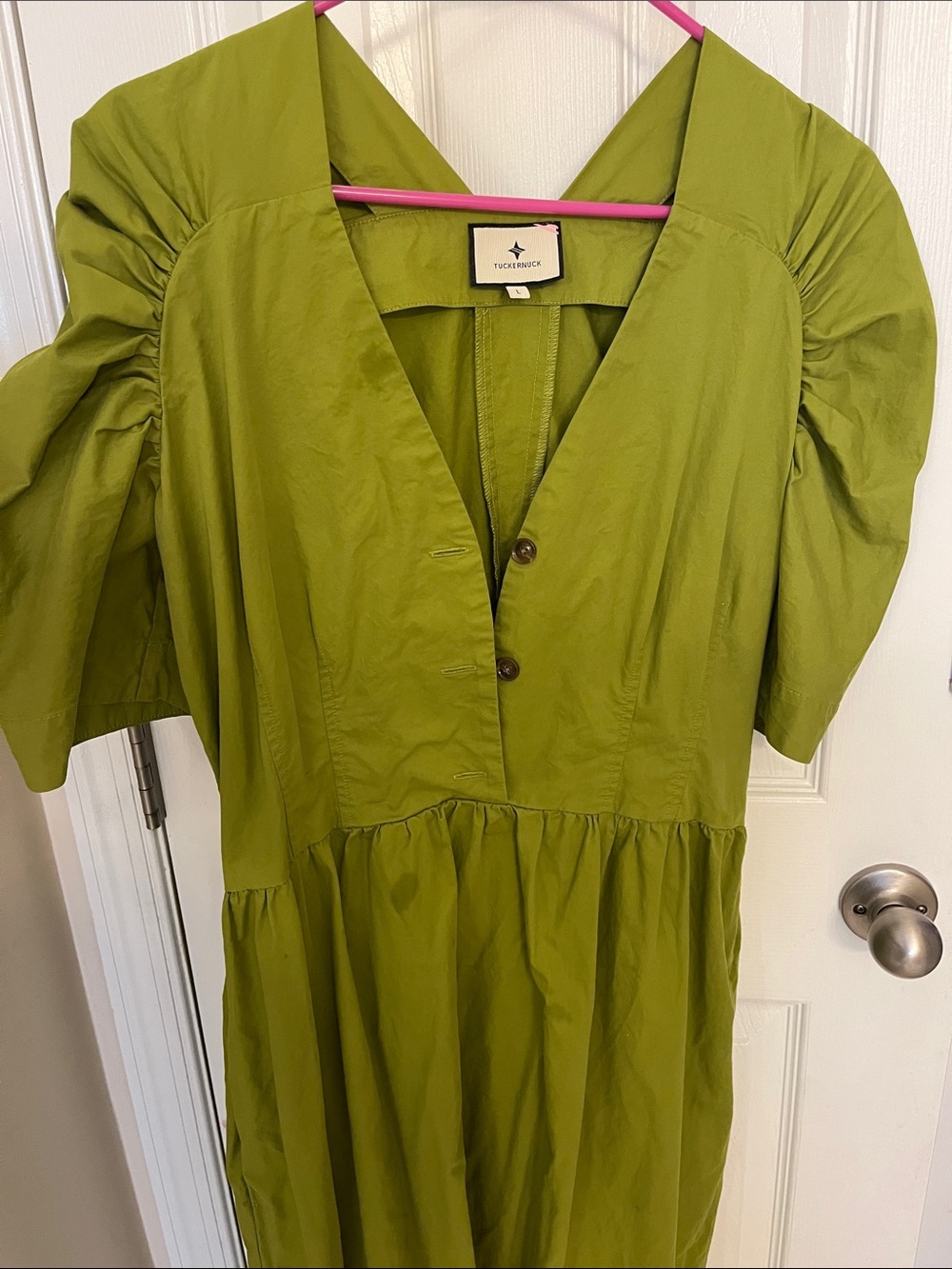 Tuckernuck  Olive Puff-Sleeve V-Neck Midi Dress